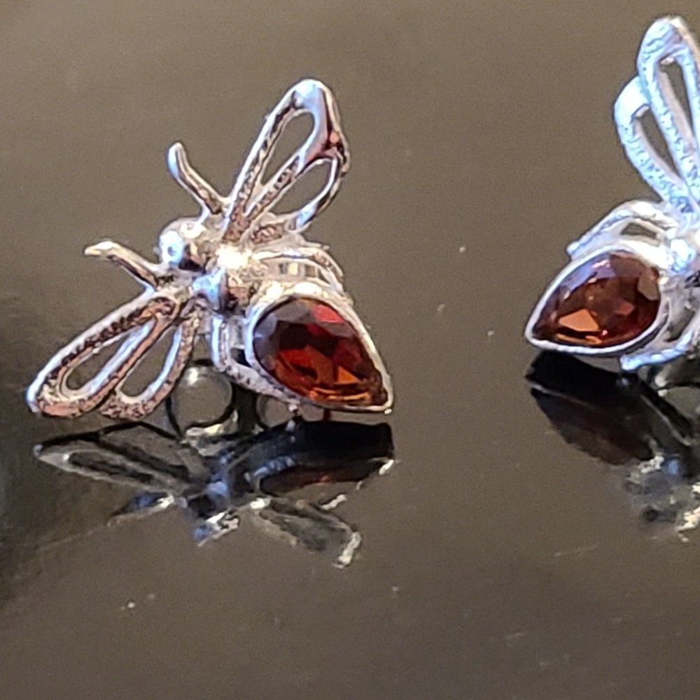 Garnet Bug Stud Earrings Sterling Silver-Bug Earrings Silver Earrings - Picture 4 of 4